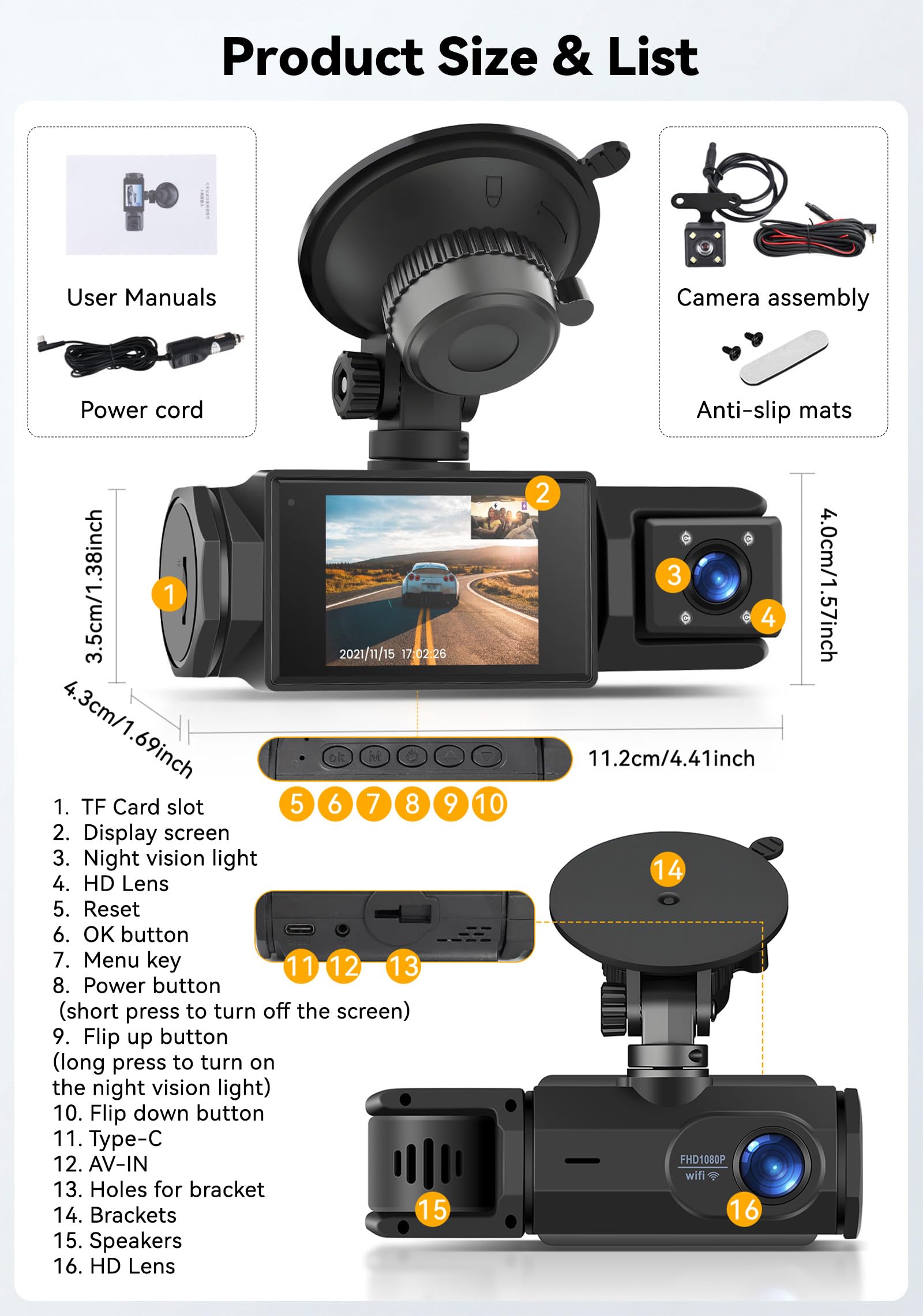 SIXTOP Dash Cam avec Caméra de Recul 1080P Full HD - Caméra de voiture avec WiFi et Application, Vision Nocturne, Mode Stationnement et Grand Angle 150° - Incl. Détection de Mouvement et Enregistremen