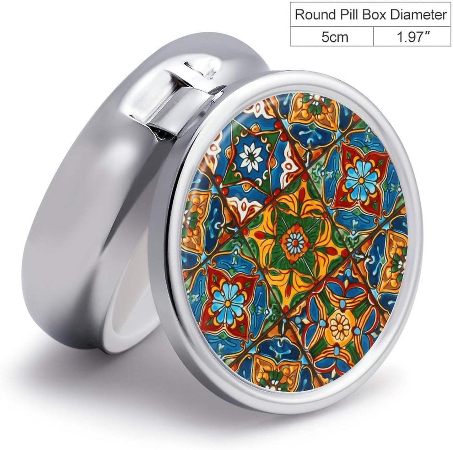 Round Daily Mexican Ceramic Tile Pill Case with 3 Compartment & Mirror image 2