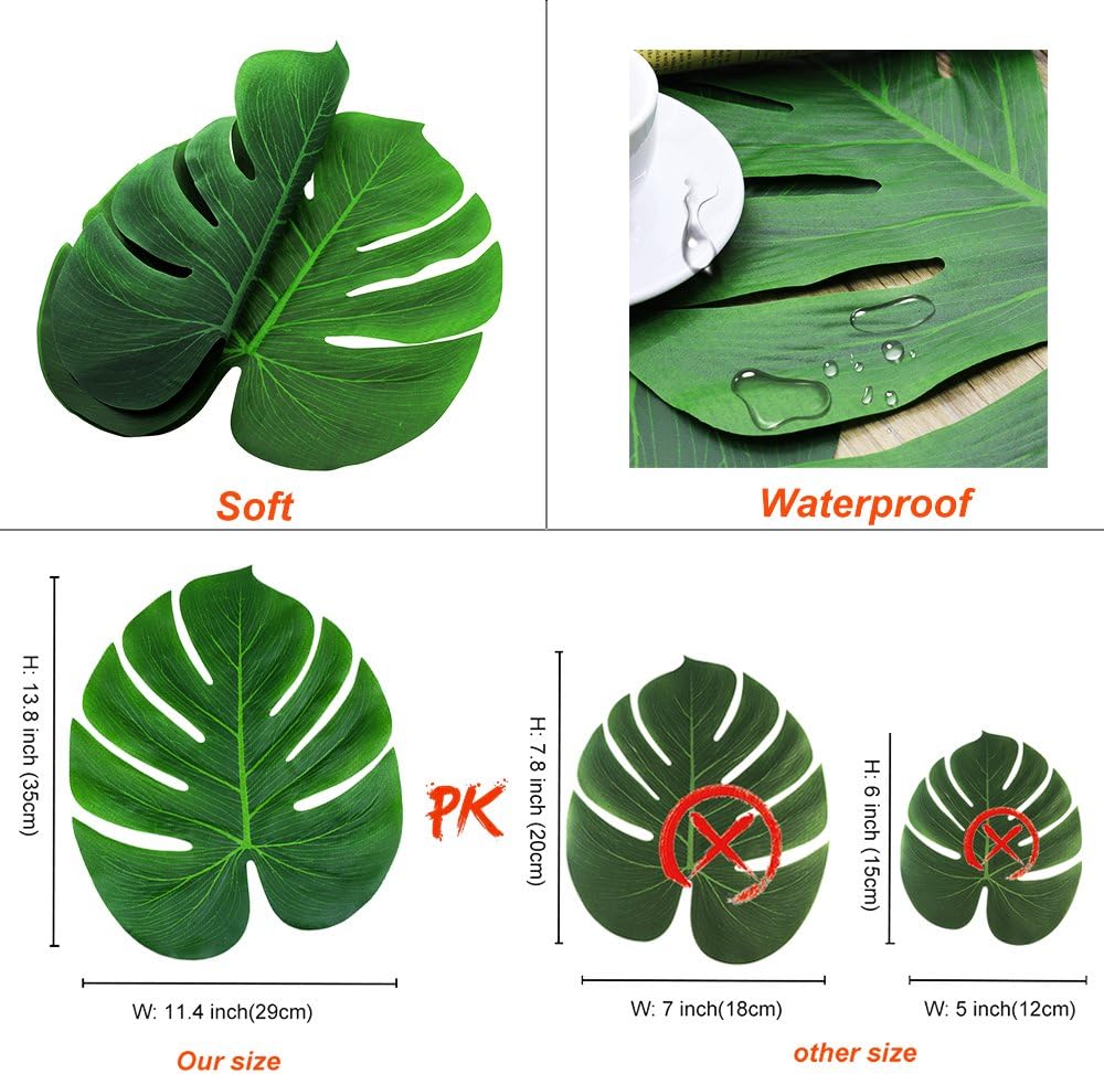 Soyee 48pcs Tropical Large Palm Leaves, DIY Waterproof Artificial Leaf Placemats and Table Runners for Hawaiian Luau Party Decoration, Jungle Party Supply