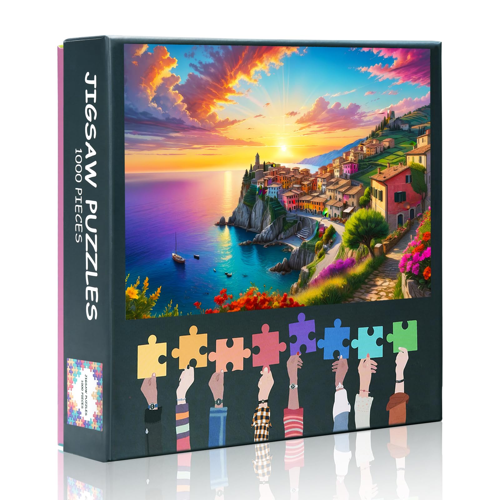 1000 Piece Coastal Cliff Town Jigsaw Puzzles - Scenic Village Overlooking the Ocean with Dramatic Rock Formations - Challenging Landscape Puzzle for Adults and Travel Lovers