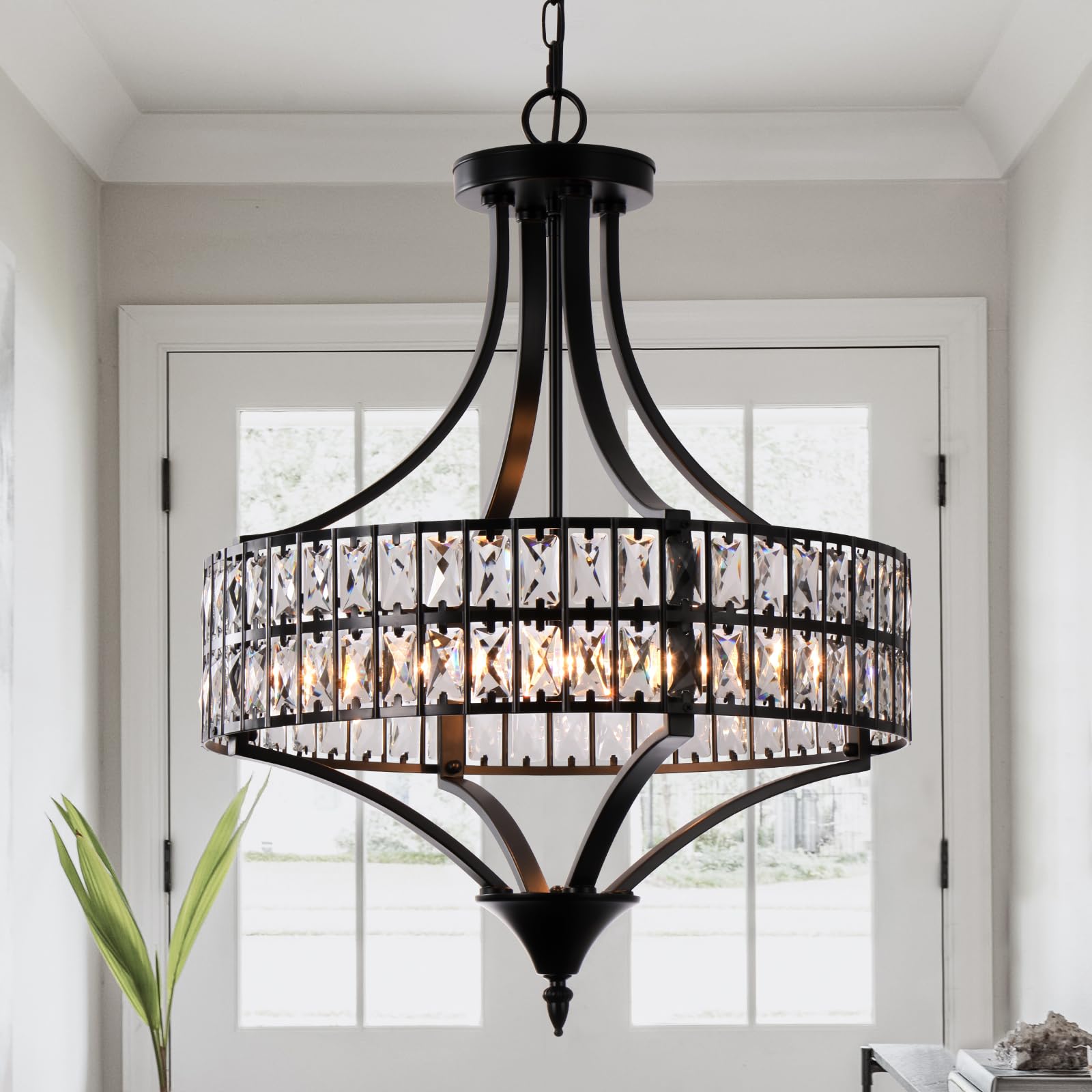 Crystal Black Chandelier, 5-Light Farmhouse Rustic Pendant Light Fitting, Industrial Black Ceiling Lights with E14 Dimmable Socket, Adjustable Height Hanging Ceiling Light Fixture, Modern Ceiling Ligh