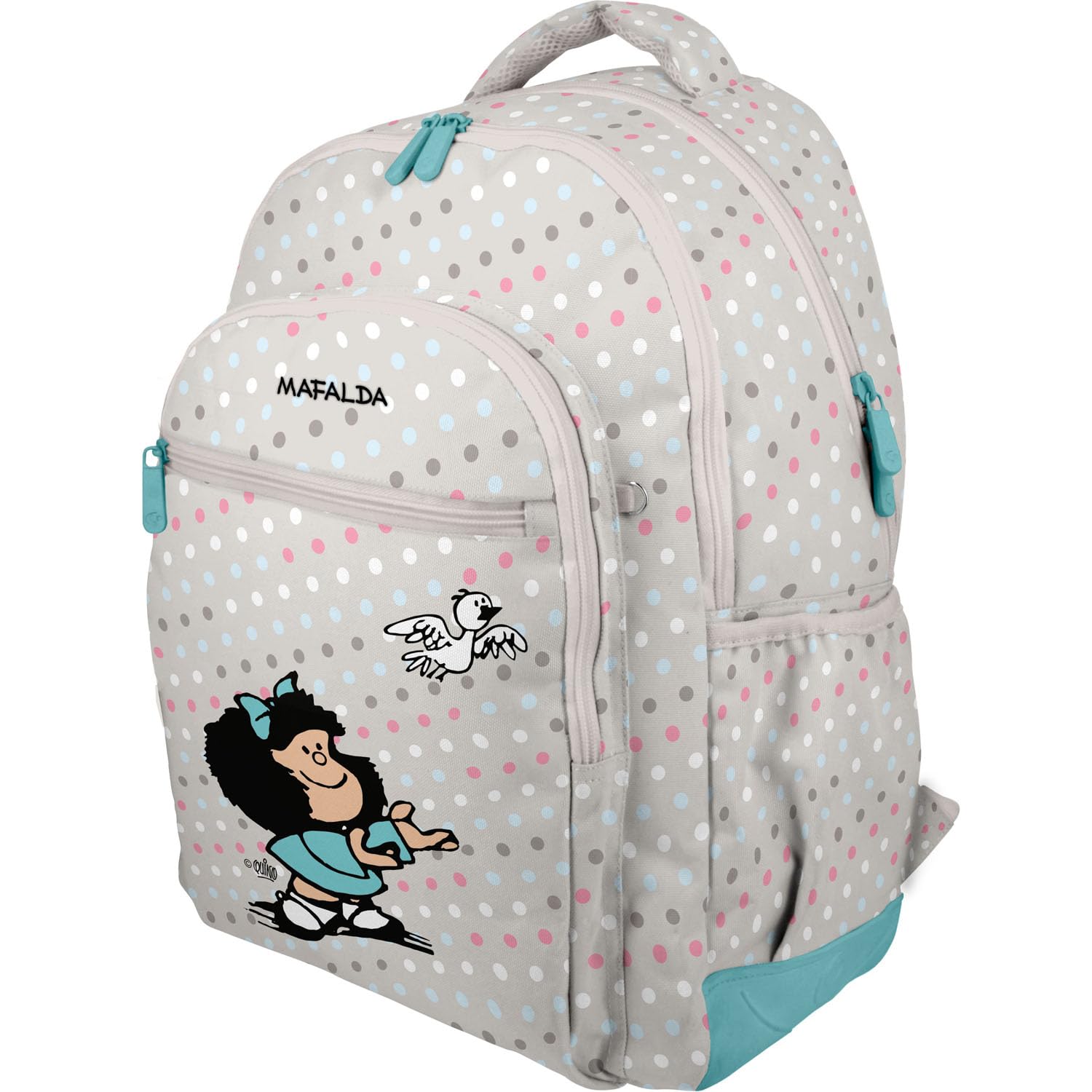 Grafoplas - Mochila Escolar Mafalda Bird, Tres Compartimentos, 33x46x22,5cm, 30 Litros, Zona Acolchada para Portátil, Adaptable a Carrito, Perfecta para el Cole