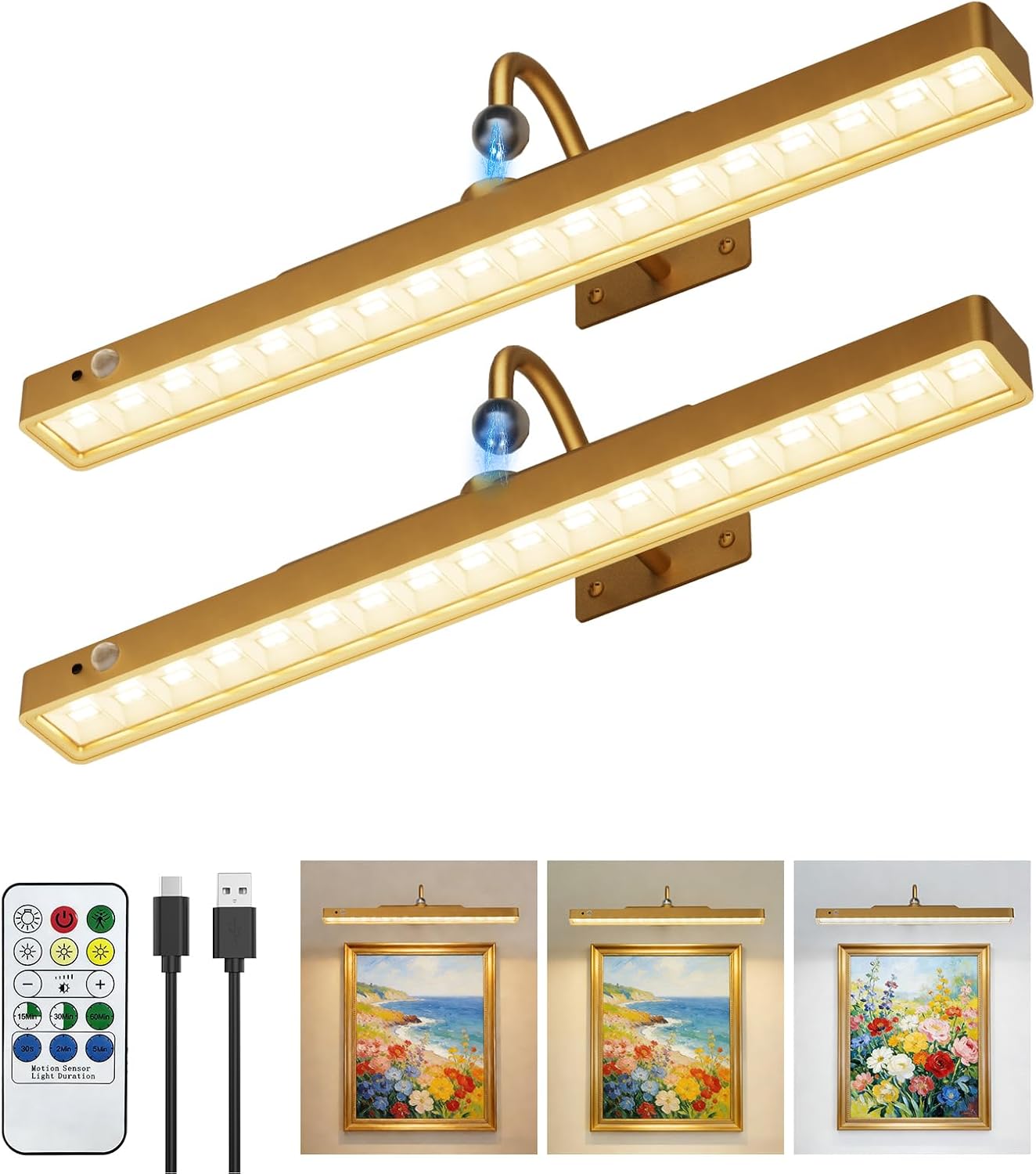 TANBABY 16'' Wireless Picture Lights for Wall, 6000mAh Rechargeable Battery Operated Light with Motion Sensor, 3CCT Dimmable, Timer, Magnetic Poster Lights with Remote for Gallery, Living Room-2Pack