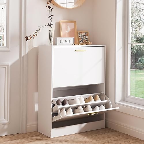 LYNSOM Armario de zapatos, organizador de zapatos con 2 cajones abatibles, moderno almacenamiento de zapatos de entrada con pantalla superior,
