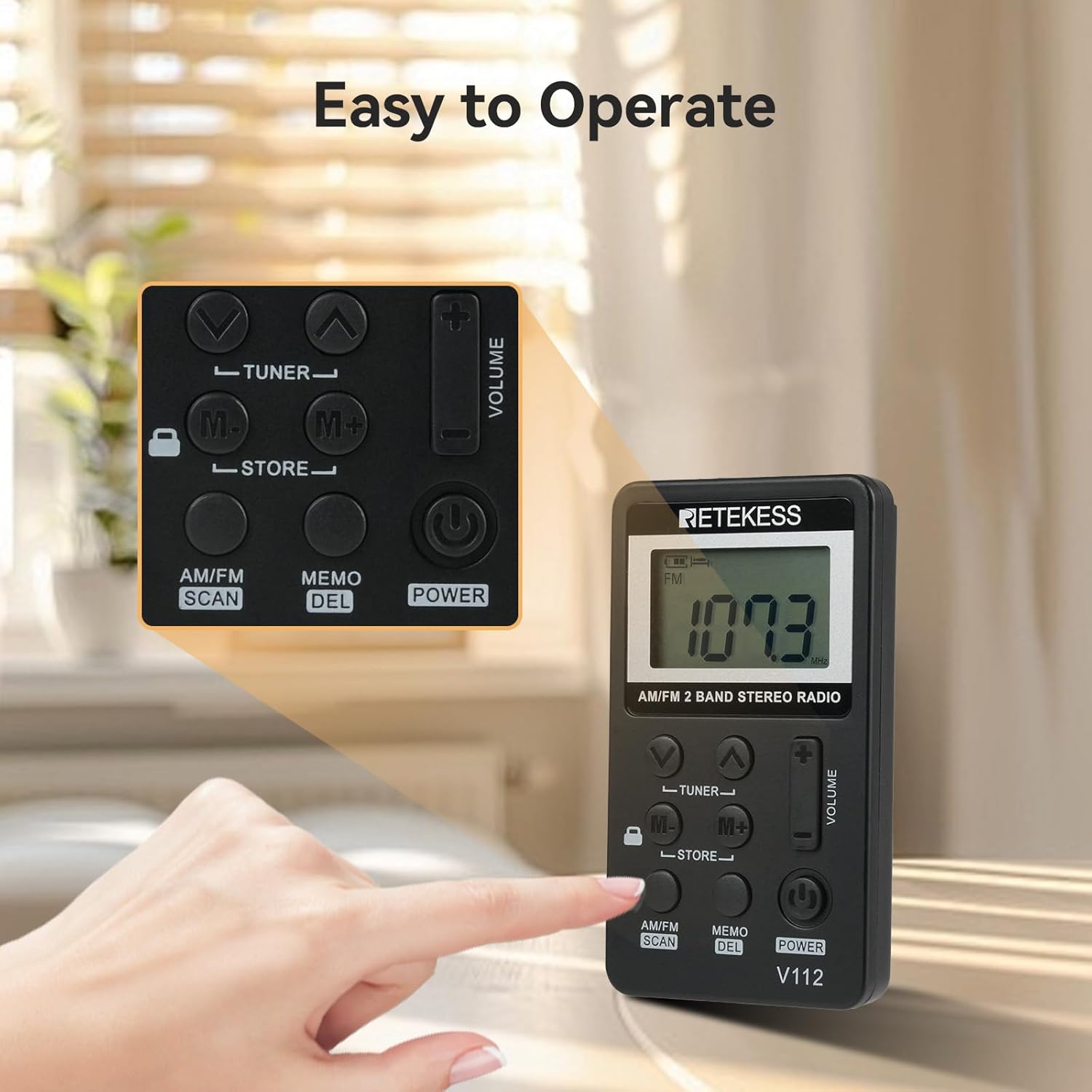 Close-up of Retekess V112 radio controls