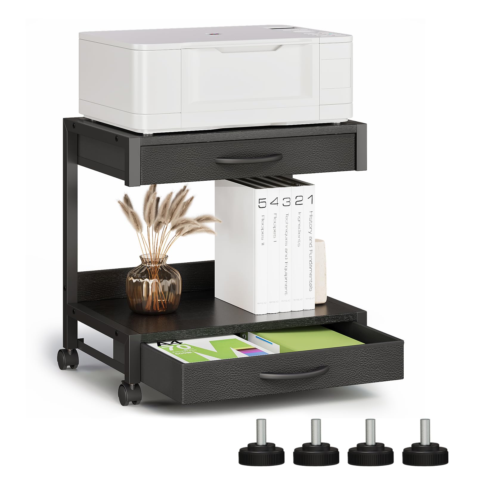 VENNQD Support d'imprimante de bureau à 2 niveaux avec 2 tiroirs en tissu, table Prtiner avec étagère de rangement, organiseur de bureau pour bureau à domicile, imprimante 3D, télécopieur, scanner