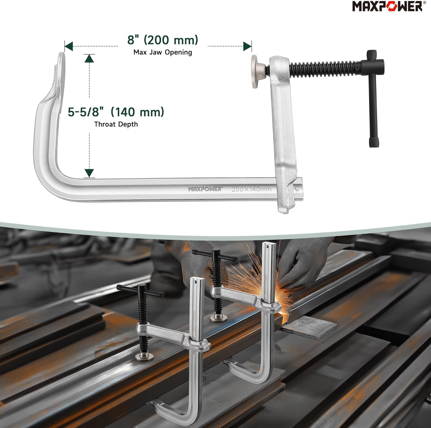 MAXPOWER Thick F Clamp, Rail 1-11/64" x 9/16", Max Load Limit 3505 LBS, Clamps Throat 5-5/8 inch (140 mm), Max Jaw Opening 8 inch (200 mm)
