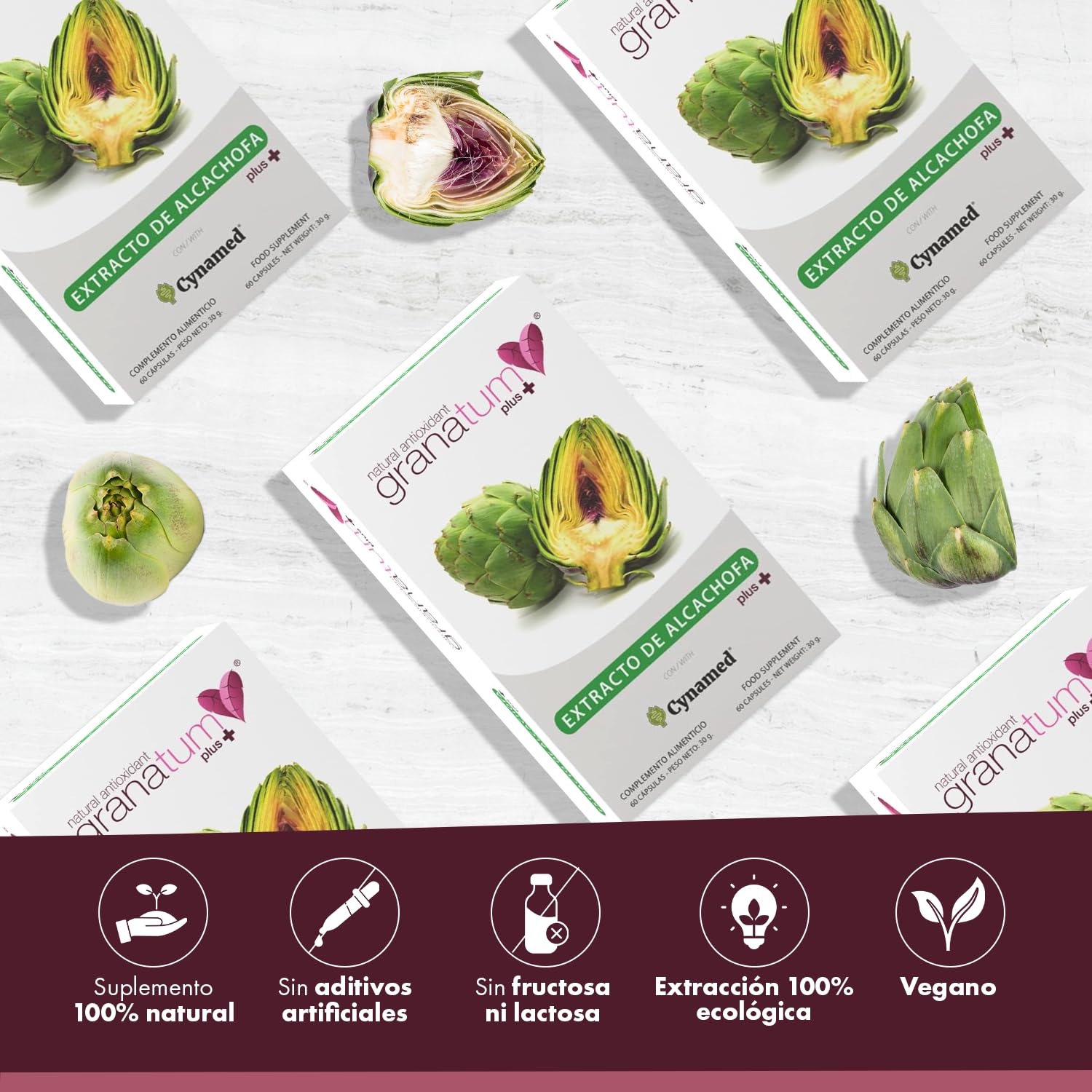 Granatum Plus - Extracto de Alcachofa con Cynamed - Suplemento Alimenticio - Detox Hepático y Digestivo - Bienestar Metabólico - Diurético Natural - Producido en España - 3 Caja 60 Cápsulas
