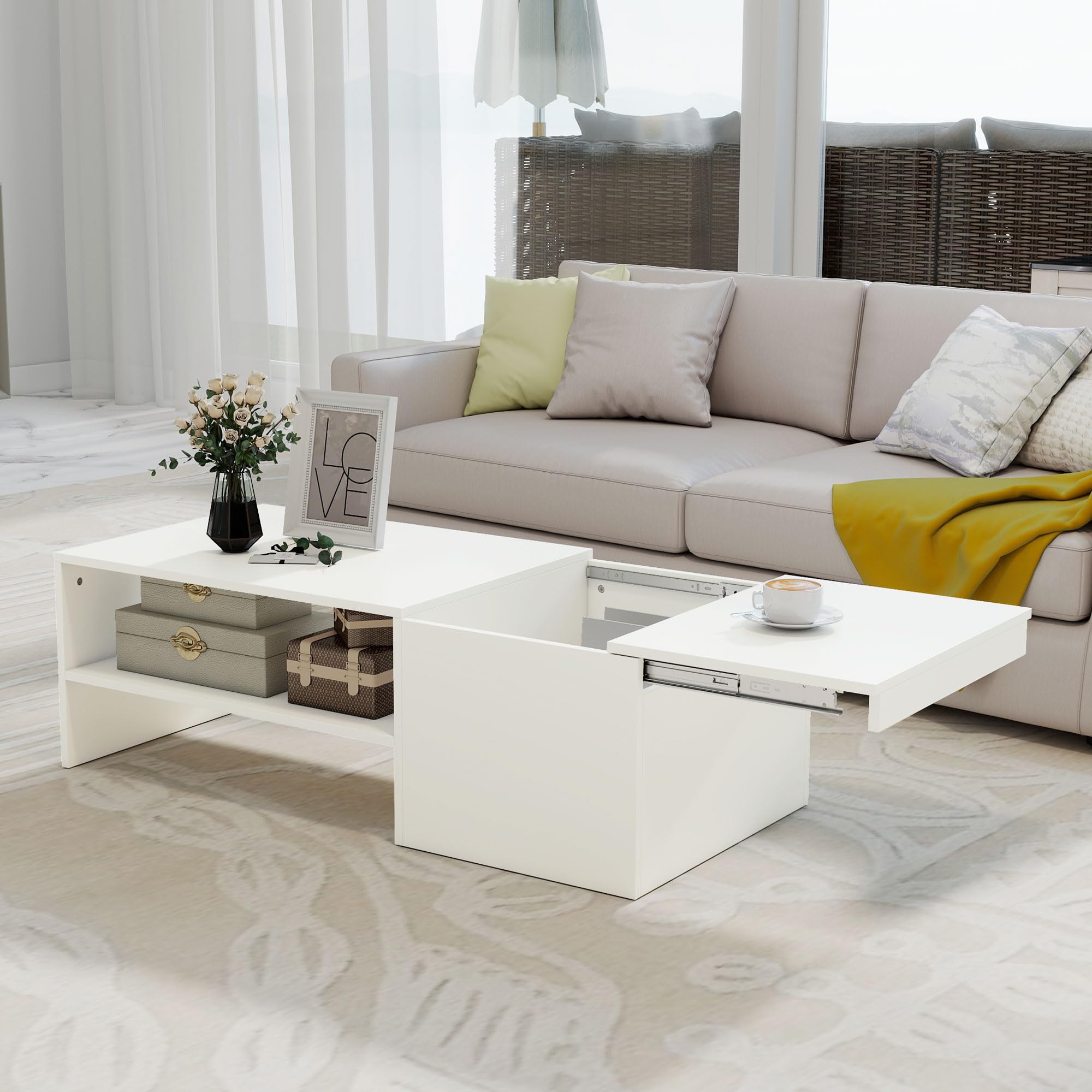 HOMCOM Mesa de Centro con Tablero Deslizante Moderna 110x52x36 cm Blanco | Mesa Baja para Salón Moderna, con Compartimento Oculto, Estante Abierto, para Comedor, Oficina