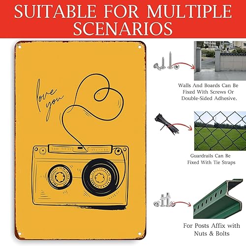 Miniatura 3 de Cartel de cinta de casete retro color amarillo, letrero de metal amarillo, música retro de 8 x 12 pulgadas para sala de estar, dormitorio, cocina,