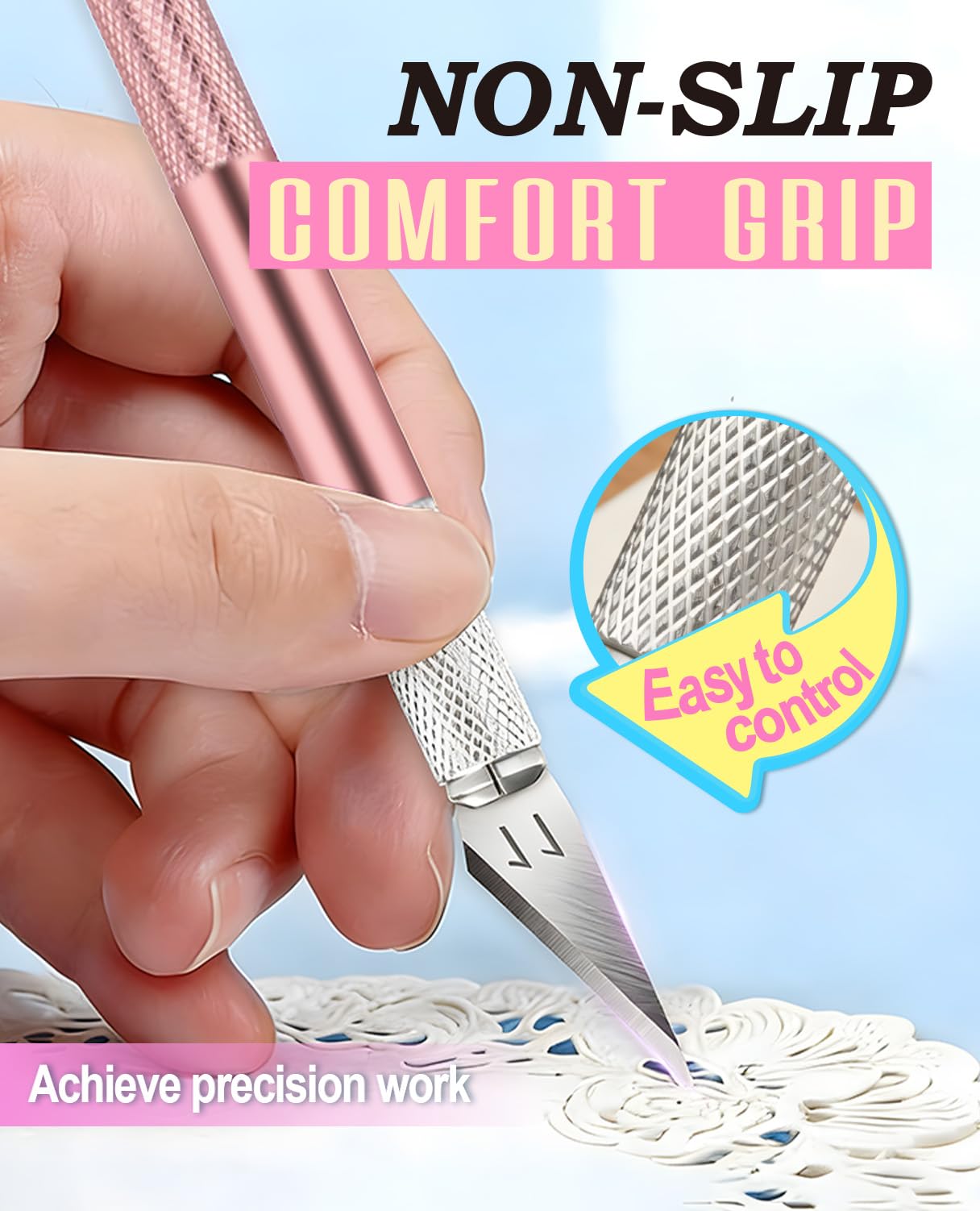 DIYSELF 1 cuchillo exacto para manualidades con 11 cuchillas de acero inoxidable, 1 regla de acero de 15 cm para arte, álbumes de recortes, plantilla (rosa)
