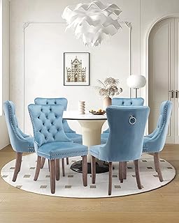 Velvet Dining Chair Set of 6 Upholstered Tufted Dining Room Chair with Nailhead Trim and Solid Wood Legs for Kitchen, Restaurant,Sky-Blue