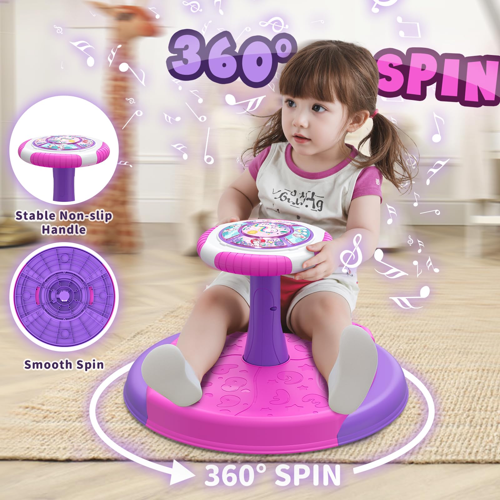Juguetes de unicornio para niños pequeños de 1 a 3 años, asiento giratorio de 360° con luces LED y música, juguetes sensoriales de cumpleaños para niños de 3 a 5 años 2