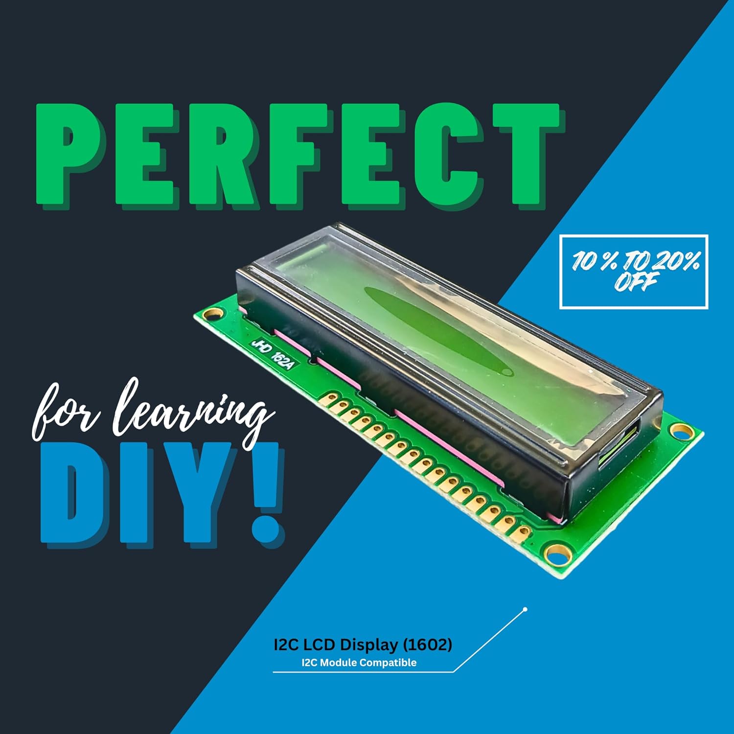 1602 LCD Display with I2C Module + Jumper Wires Kit | 16x2 Character LCD (Green Backlight) | 4-Pin I2C Interface | Compatible with Arduino, UNO, Raspberry Pi & DIY Projects