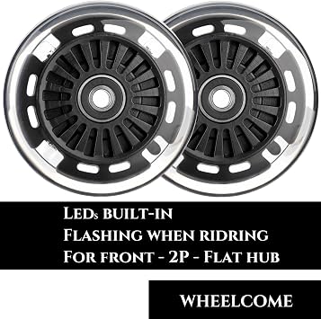 Wiggle Car Replacement Wheels Set Upgrade for Swing Cars and Wiggle Car Ride-on Toys (2 Light Up Flash Front Wheels w/Flat Hub, 2 Rear Wheels w/Concave Hub) (Black Hub Clear Wheel)