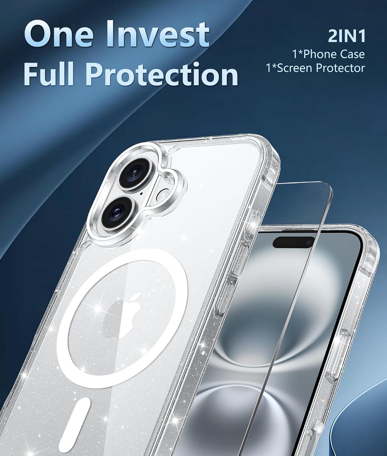 FNTCASE for iPhone 16 Plus Case: Clear Magnetic Phone Cases Compatible with Magsafe Slim Anti Yellowing Military Grade Drop Rugged Protective Transparent Cell Phone Cover (B-Glitter Magnetic)