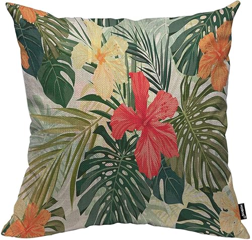 HOSNYE Funda de cojín de flores de hibisco, coloridas plantas tropicales hawaianas, hojas de palmera, algodón y lino para sofá, cama, sofá,