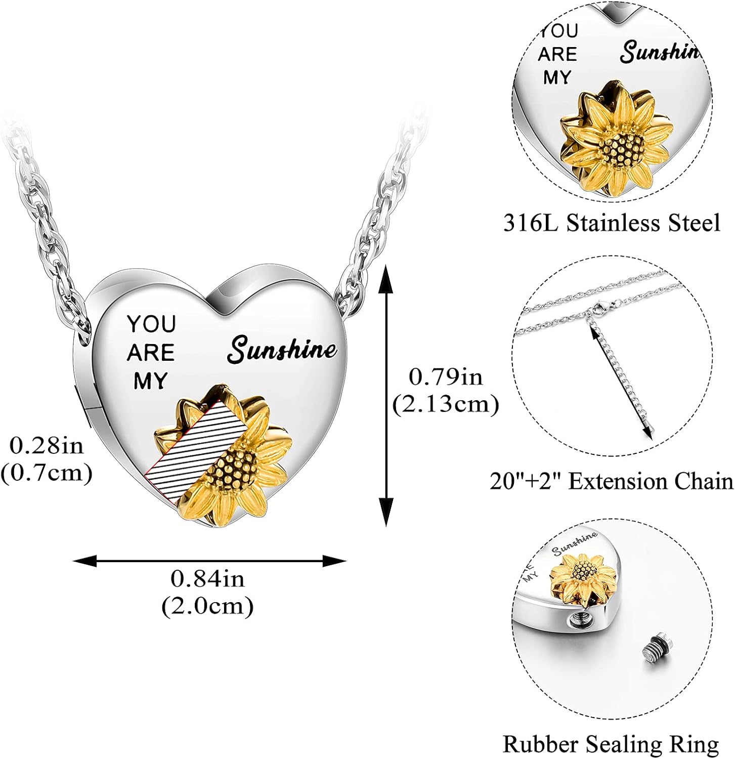 XIUDA Heart Ashes Necklace Urn Necklace with Sunflower You Are My Sunshine Cremation Necklace for Ashes Cremation Jewelry for Human Ashe Memorial Necklace with Flower - Image 3