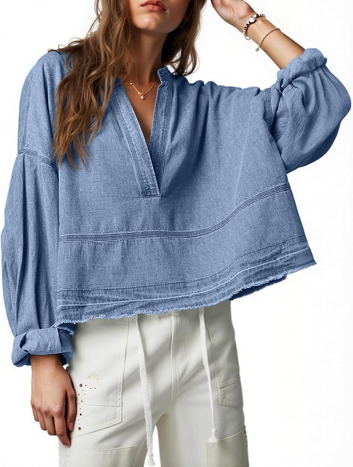 PLNOTME Womens Denim Tops Pullover Trendy Casual V Neck Loose Fit Puff Sleeve Jean Cotton Shirts