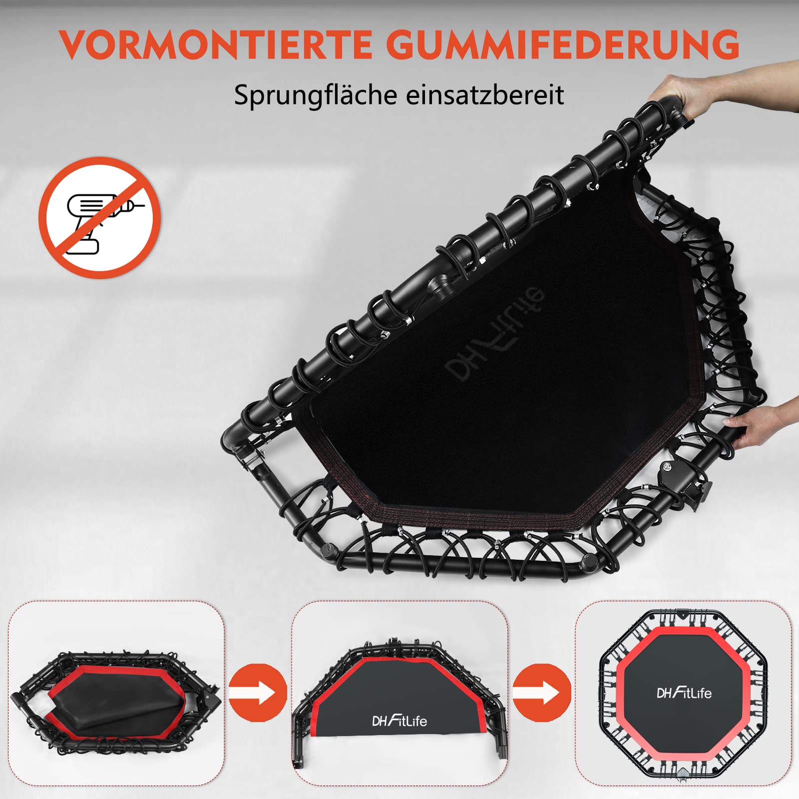 DH FitLife Fitness Trampolin klappbar Leise Gummiseilfederung ohne Installation | 50 Zoll 128cm Trampoline für Indoor & Outdoor Jumping | mit 3 verstellbaren Handgriffstufen