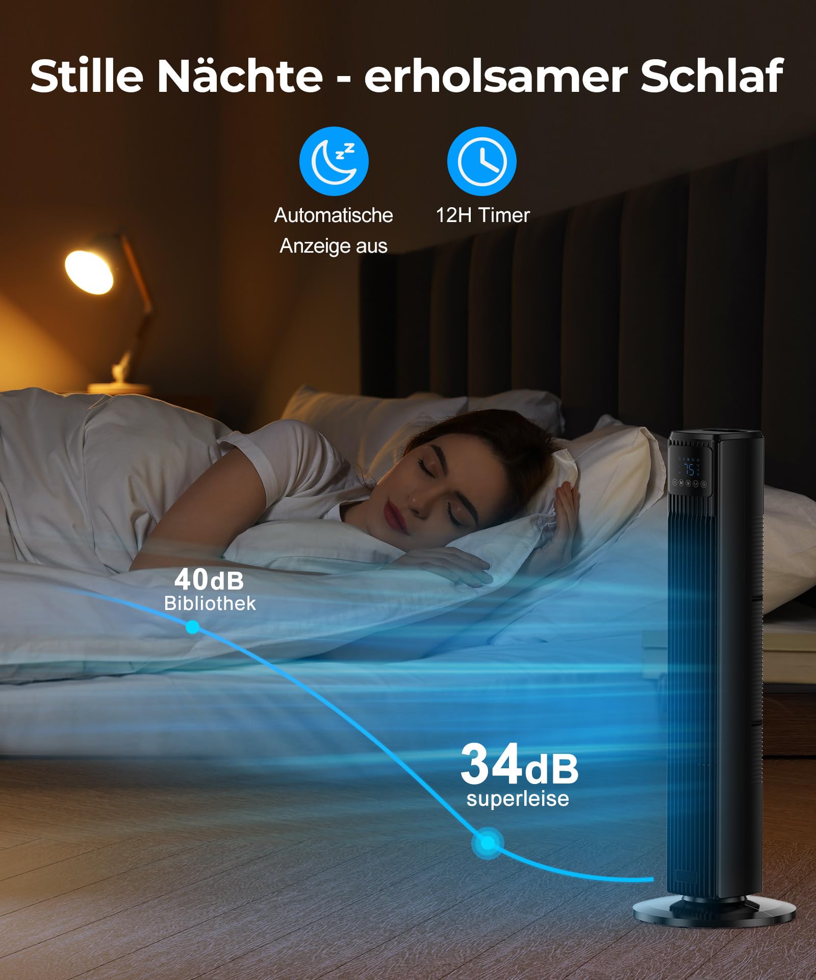 PNTCK Turmventilator, Ventilator leise mit Fernbedienung, 90° oszillierender Standventilator mit 4 Geschwindigkeiten & 4 Modi, 12H Timer, 8 m/s Luftstrom, Ventilator für Zuhause, Büro & Innenräume