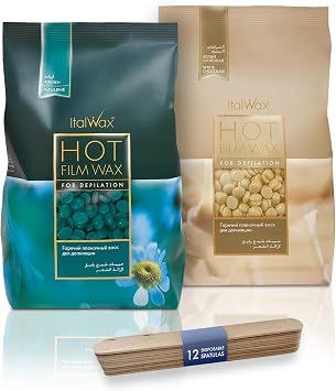 Italwax Hard Wax Beads Bundle 2 x 500 g 2.2 lbs   Azulene & White Chocolate Stripless Wax for Hair Removal   Fast & Long Setting Professional Waxing Kit with 12 Spatulas   Made in Italy