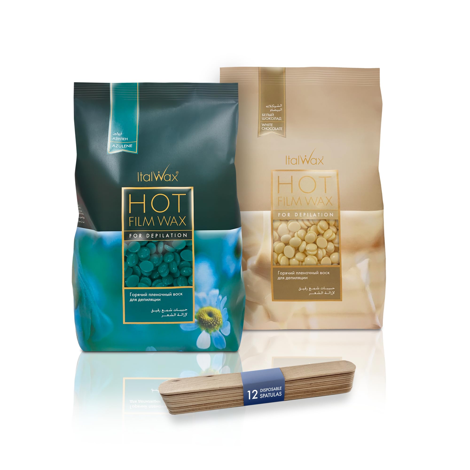 Italwax Hartwachsperlen Bundle 2x500g - Azulene & Weiße Schokolade Streifenloses Wachs zur Haarentfernung - Schnell & Langes Abbinden Professionelles Waxing Kit mit 12 Spateln - Made in Italy