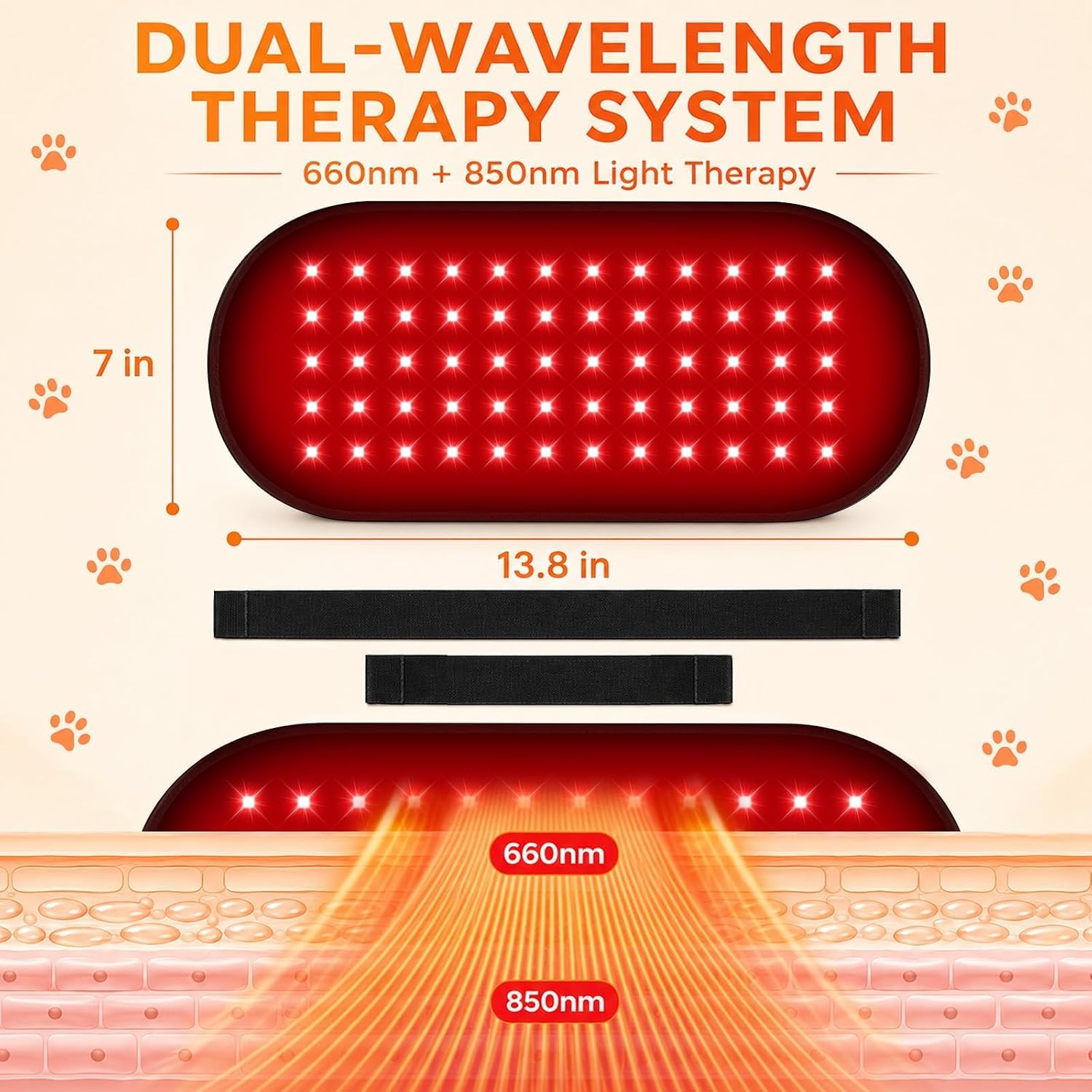 Red Light Therapy Pad for Dogs, 60 LEDs, 660nm & 850nm, 2 Adjustable Straps