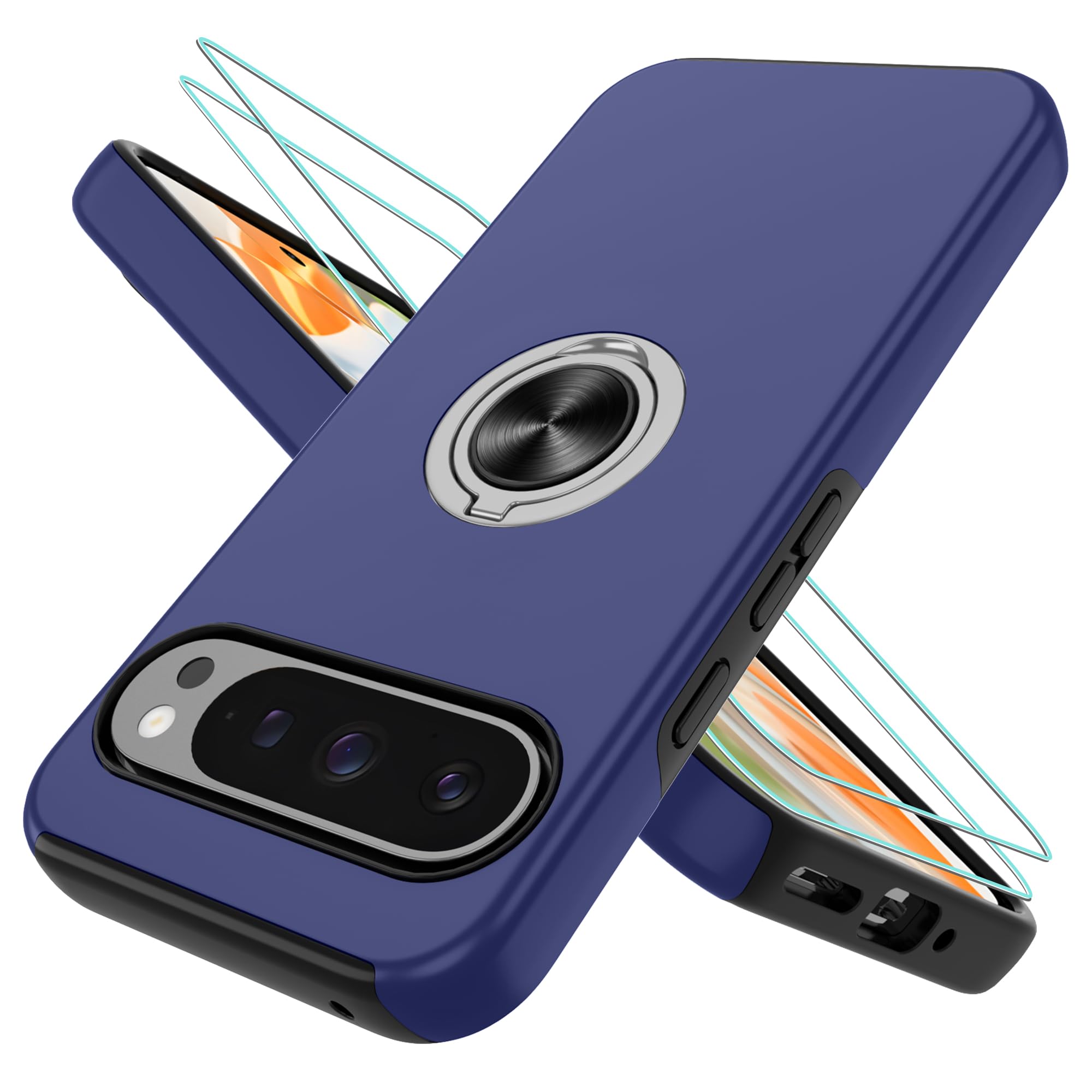 Pilaru Handyhülle für Google Pixel 9/9 Pro Hülle mit 2 Stück Schutzfolie[360° Unsichtbarem Drehbarem Ständer] TPU + PC Stoßfest Schutzhülle Handyhülle für Pixel 9 Pro-Blau