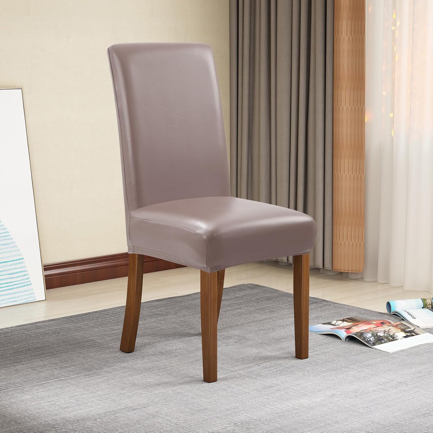 YISUN Waterproof Dining Chair Covers, Pu Leather Chair Cover Stretch Dining Room Chair Slipcovers Washable Removable Kitchen Chair Protector for Dining Room (4, Dark Tan)