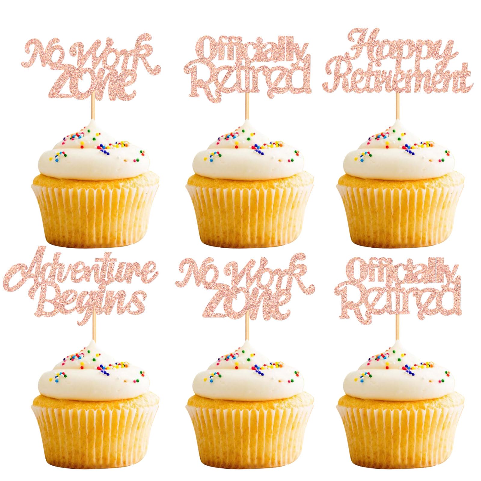 24PCS Happy Retirement Cupcake Toppers Officially Retired No Work Zone Adventure Begins Cupcake Picks Retirement Theme Farewell Birthday Party Cake Decorations Supplies Rose Gold