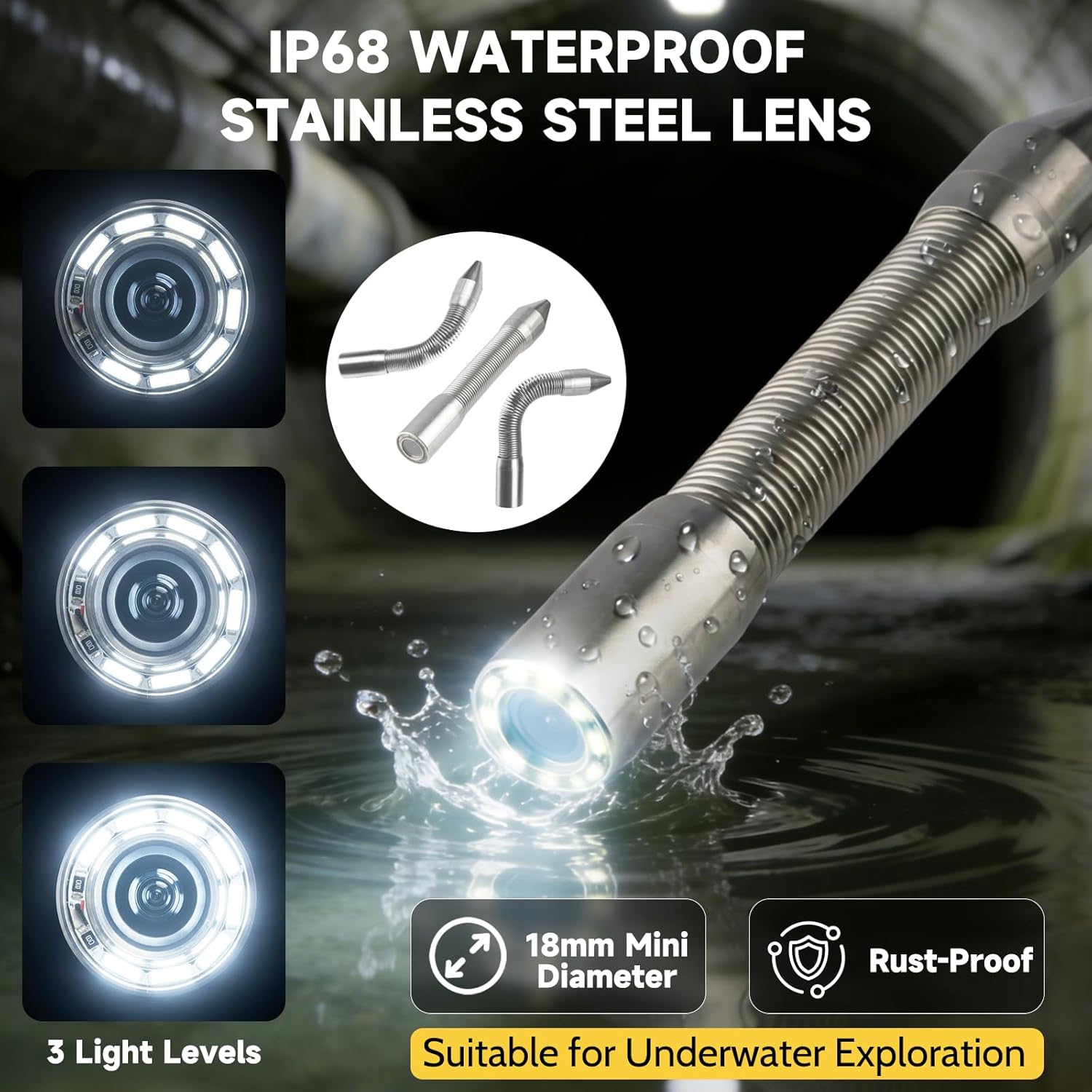 Sewer Camera, Sewer Inspection Camera, 5" IPS HD Drain Camera with 8 Lights, IP68, 32GB, DVR, FOV145°, Microphone & Speaker, for Pipe, Home Duct, Plumbing - 66FT