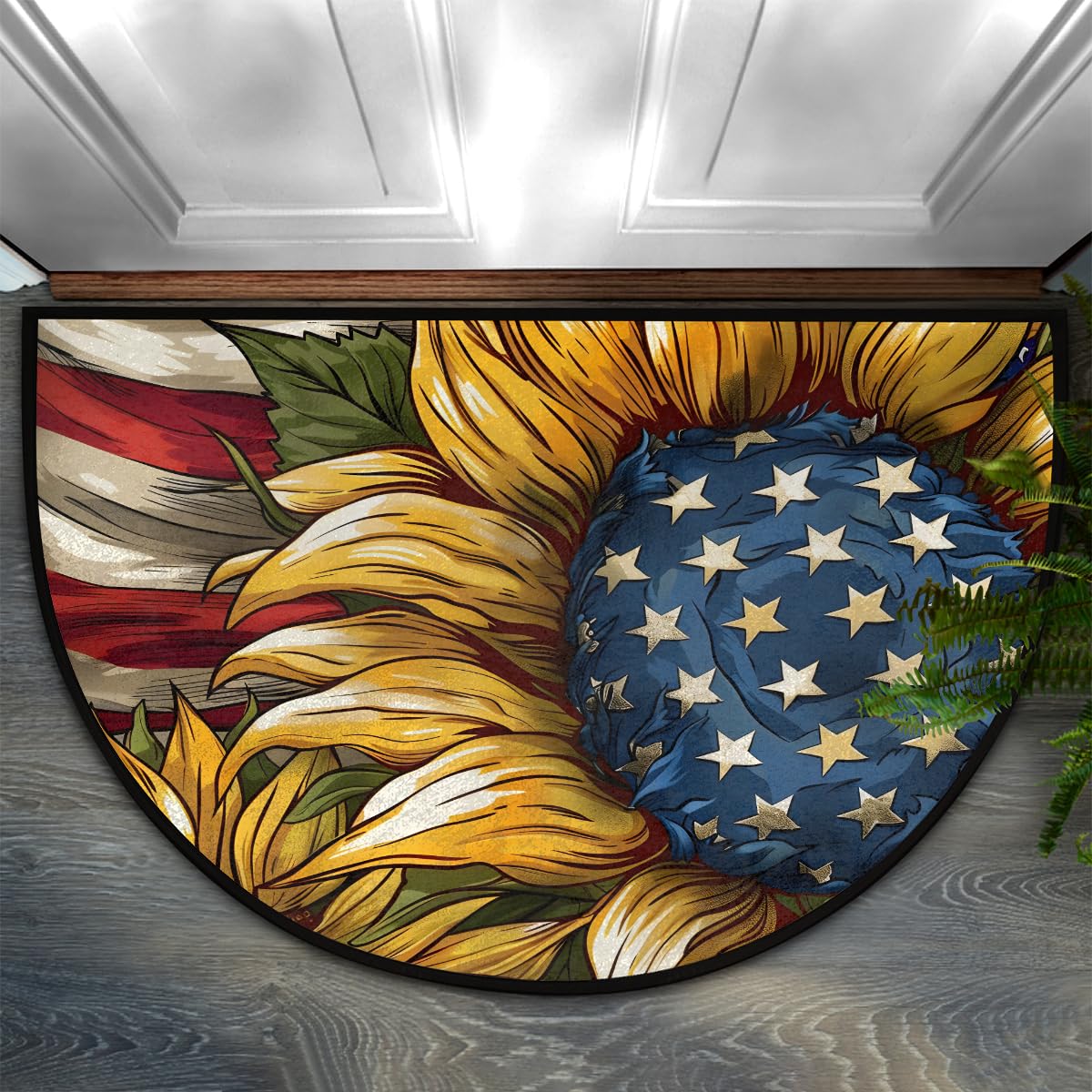 Half Round Door Mat Sunflower American Illustration Non Slip Washable Semi Circle Area Rug Absorbent Soft Half Moon Rug Floor Mat for Indoor Outdoor