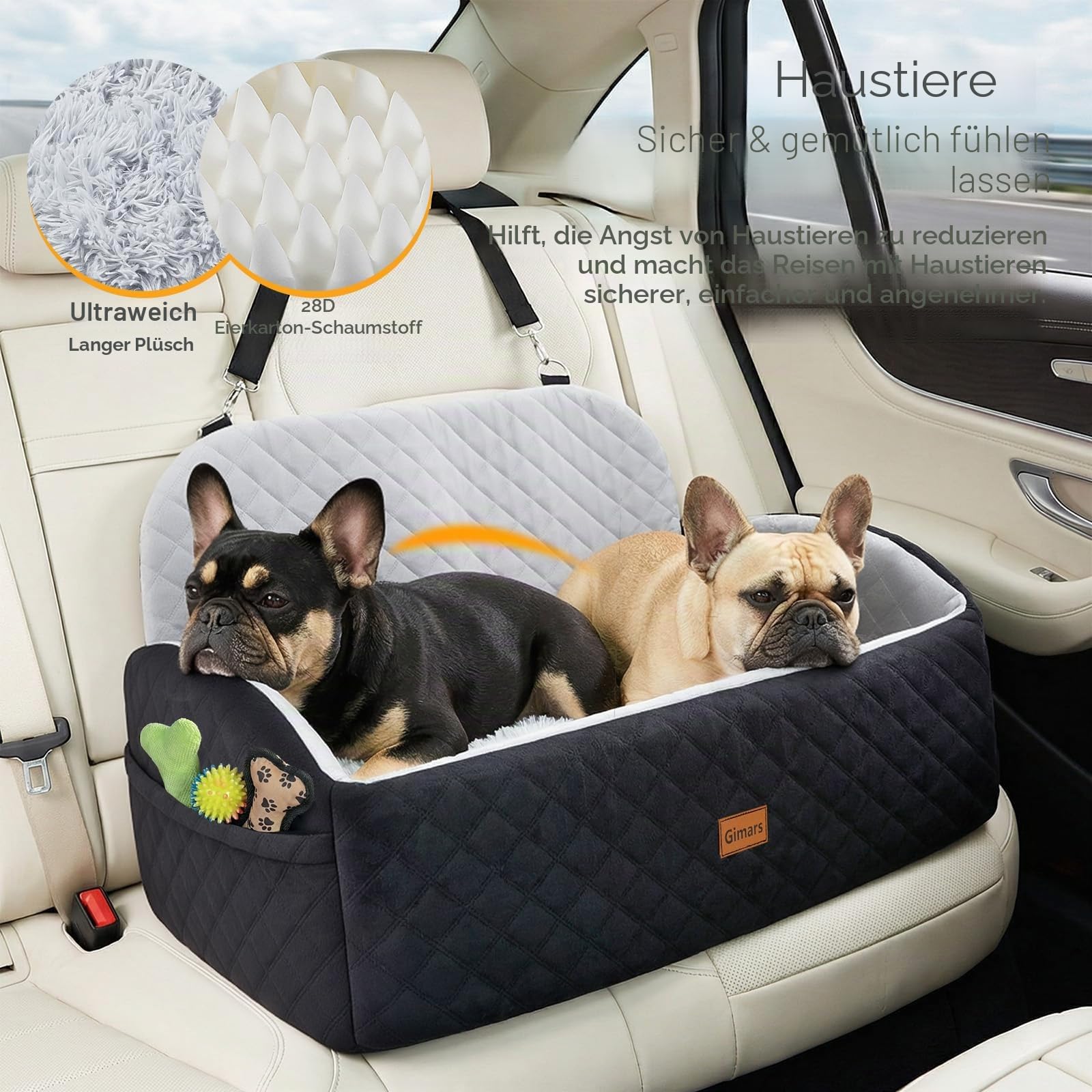 Gimars Wende-Hunde Autositz Mit Lang-/Kurzplüsch Sitzkissen Für Kleine/Mittlere Hunde Bis 27kg, Abnehmbar Waschbar rutschfest Hundesitz Auto mit 13cm 28D Egg-Crate-Schaum, Sicherheitsgurt, L