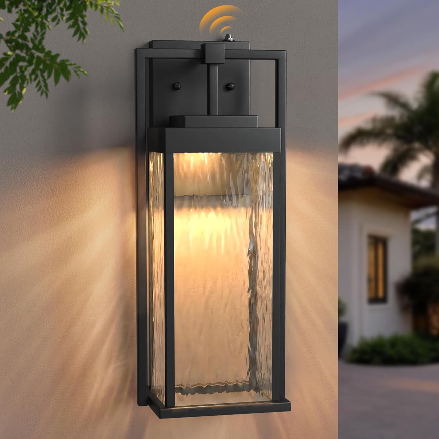 LED Outdoor Light Fixture 18Inch, Waterproof Dusk to Dawn Outdoor Lighting, Water Rippled Glass Exterior Lantern Sconce, Modern Outside Wall Light for Porch House Garage, Black
