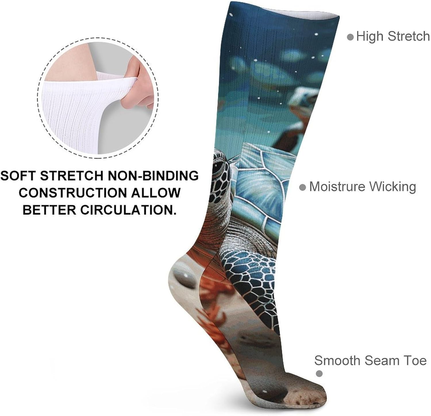 Breathable Crew Sock, Moisture Wicking, Athletic Calf Socks, Cozy | Turtle Starfish Compression Socks for Women Men, Lightweight High Work Socks for Business, Casual