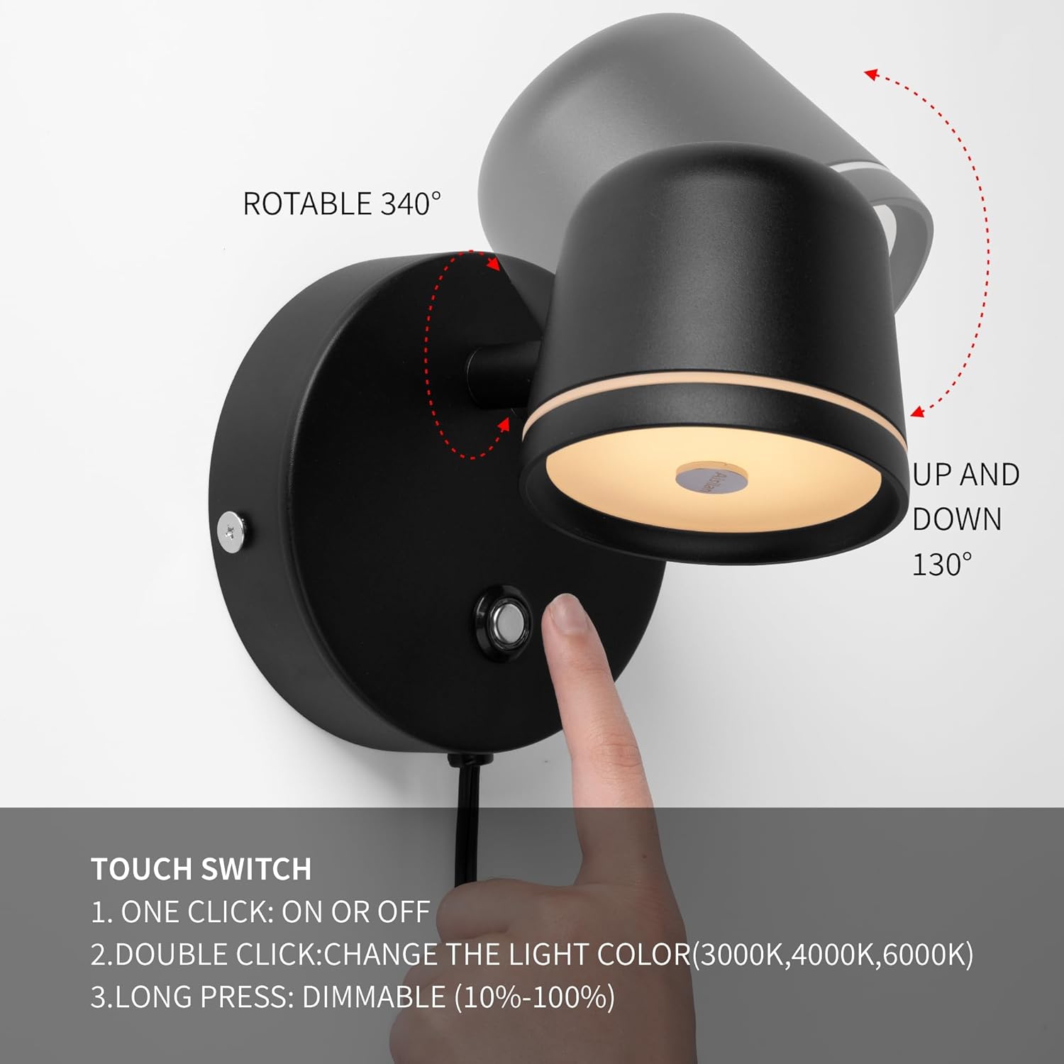 Aisilan Plug in Wall Sconce, Dimmable LED Wall Light with Switch, 7W Adjustable Anti-Glare Bedroom Sconce, Matte Black Aluminum Wall Lamp for Living Room & Bedside