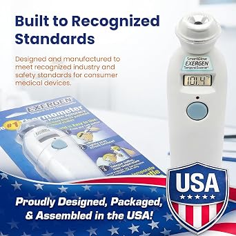 Exergen TAT-2000C Temporal Artery Thermometer for Kids, Newborns & Adults, Soft Glow Display, Silent Mode, 9V Battery Included