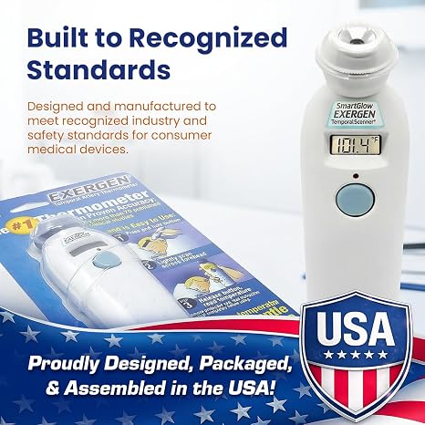 Exergen TAT-2000C Temporal Artery Thermometer for Kids, Newborns & Adults, Soft Glow Display, Silent Mode, 9V Battery Included