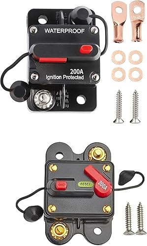 RED WOLF Paquete de 2 disyuntores de 200 amperios con terminales de alambre de cobre, tornillos de arandela de cobre, interruptor de reinicio