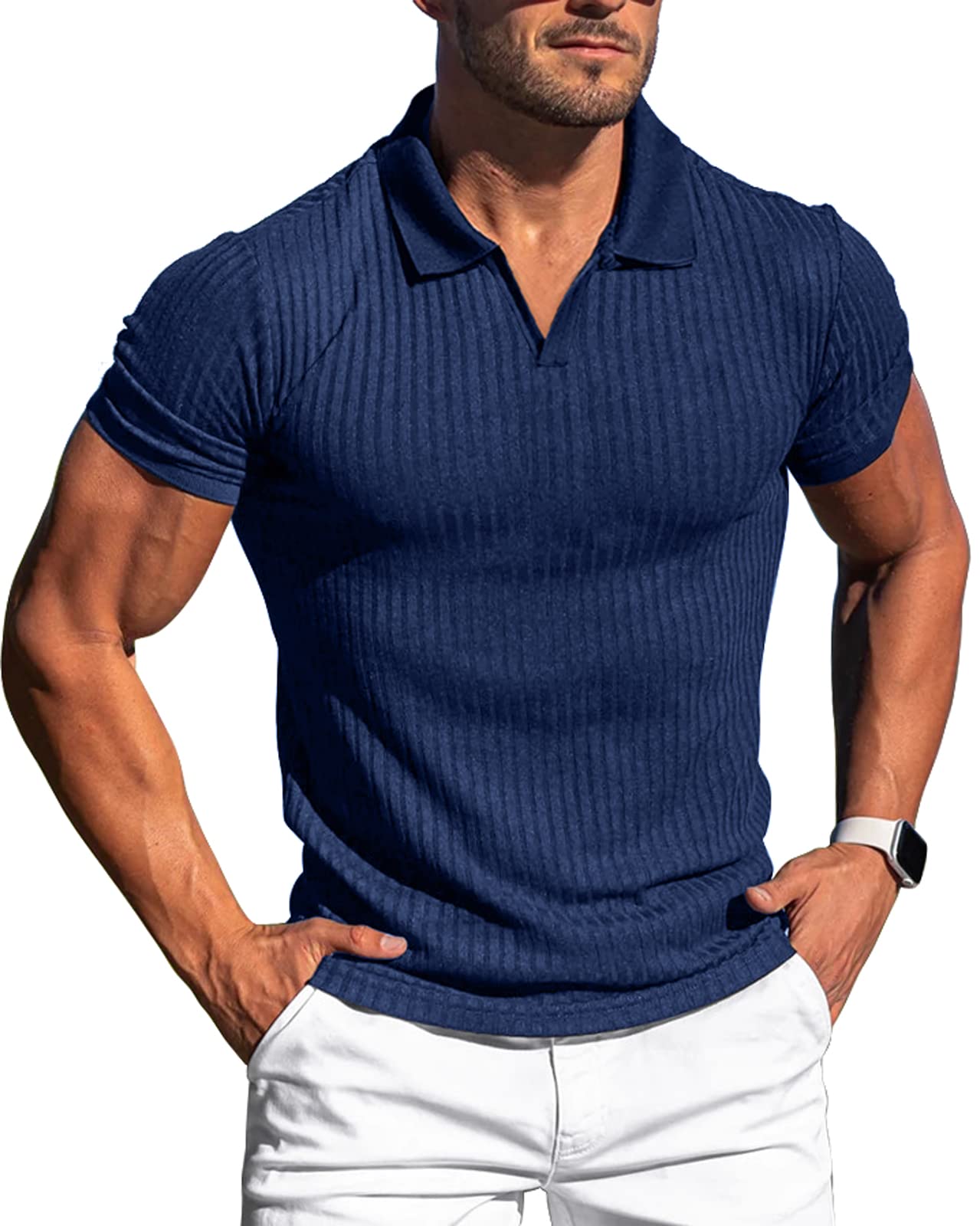 Collared Muscle Shirts for Men Ribbed Knit Slim Fit Polo Shirts Short Sleeve, Mens V Neck T Shirts Casual Stylish