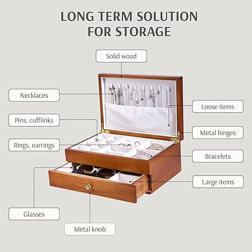 Miniatura 5 de Joyero de madera con cajón, madera maciza natural real de tamaño mediano, organizador vintage de 2 capas con almacenamiento de aretes