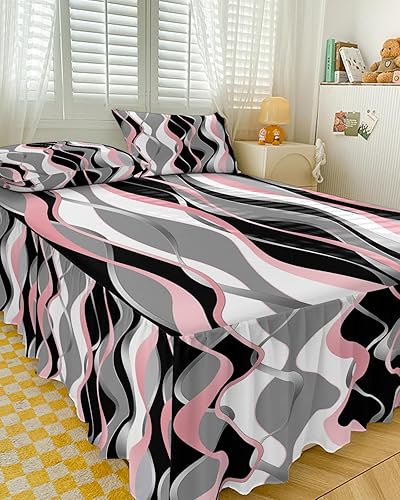 Miniatura 3 de Falda de cama rosa y negra para cama de tamaño Queen, falda de ropa de cama envolvente con volantes de polvo reunido con 2 paquetes de fundas de