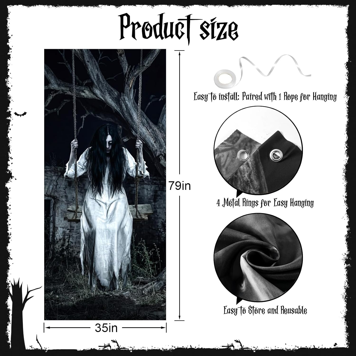 Terrifyingly Realistic Halloween Door Cover - Horror Ghost on Swing Door Banner, Creepy Hanging Ghost Outdoor Decorations, Dead Tree Haunted House Door Mural for Scary Scene image 2