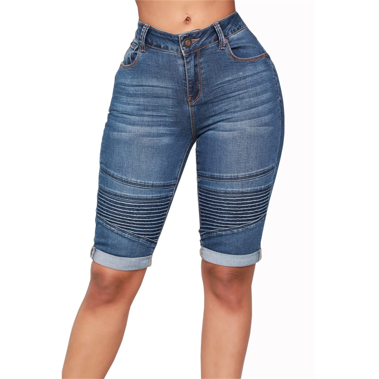 JEKE-DG Women's Casual High Waisted Distressed Shorts Folded Hem Jean Denim Shorts Knee Length Stretch Short Jeans (Medium,Dark Blue)