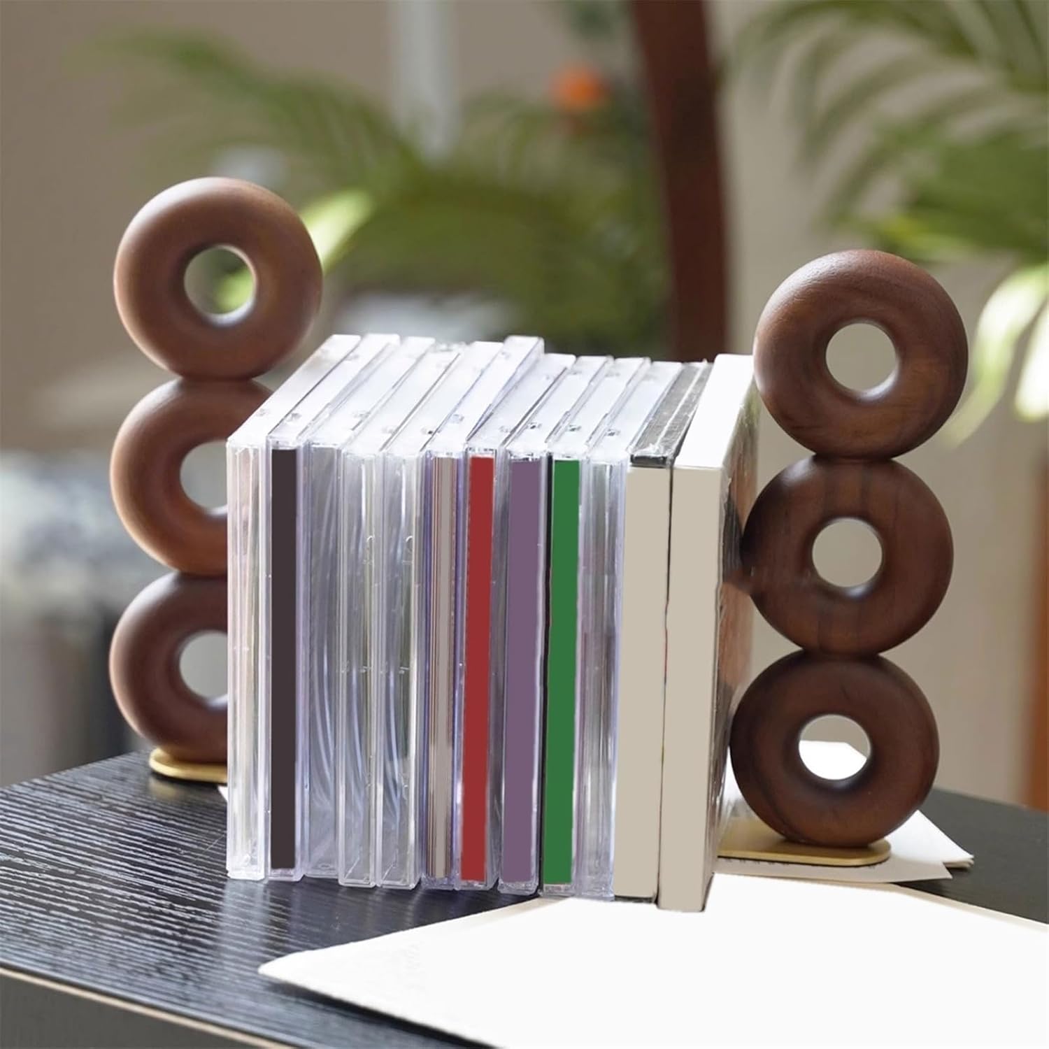 Record Holder Industrial Style Desktop Wooden Vinyl Records Rack with Brass Base for Home Office Lounges Record Display Rack