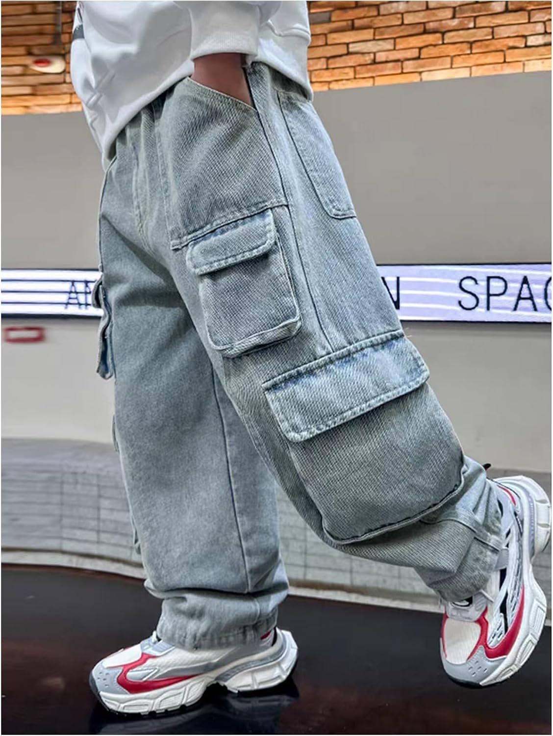SHENHE Boy's Baggy Cargo Jeans Wide Leg Elastic Waist Kids Hip Hop Jeans Loose Denim Pants