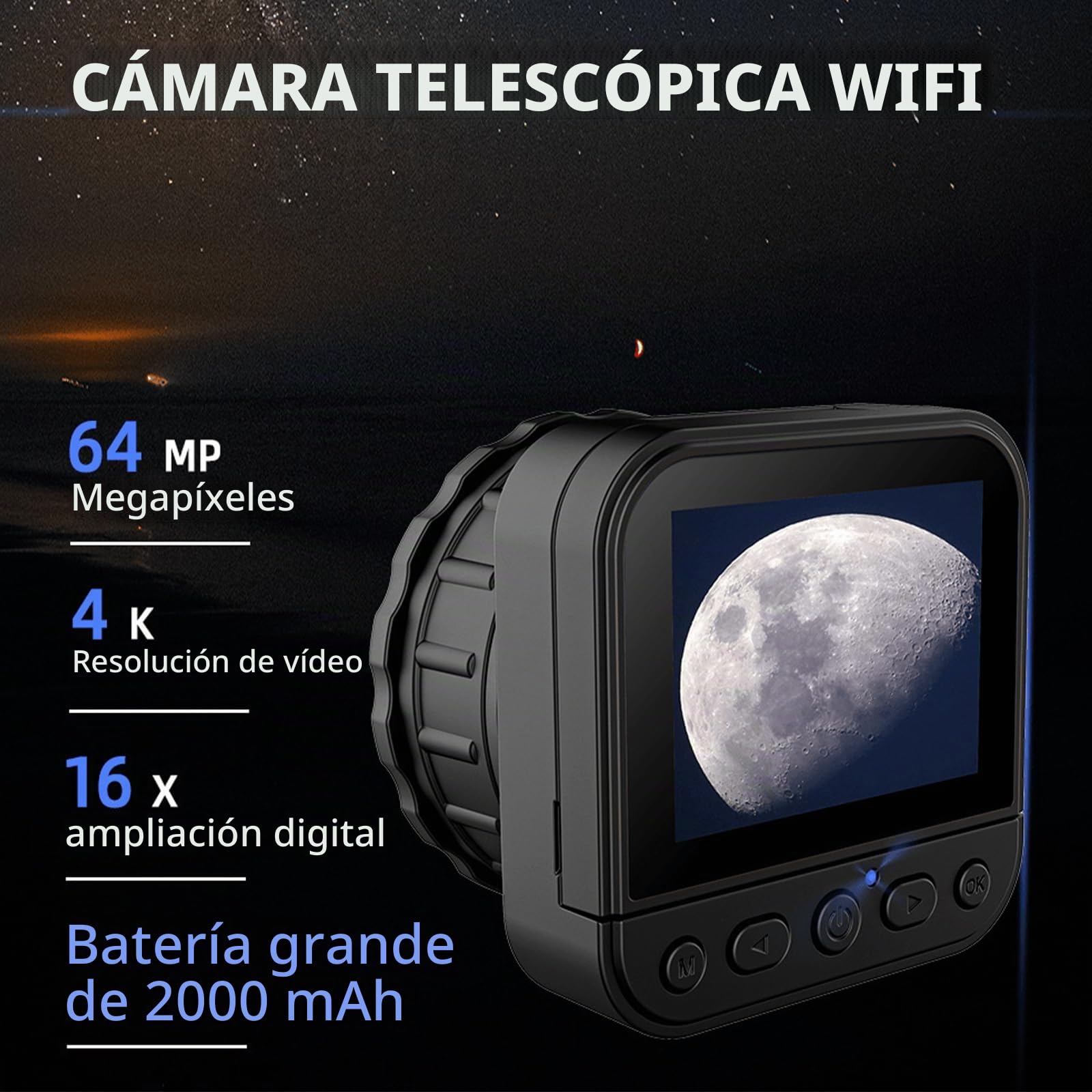 Telescopio inalámbrico de 64 MP 4K HD 2.4G WIFI con pantalla abatible, cámara monocular universal, portátil, ligera, para binoculares astronómicos, microscopio
