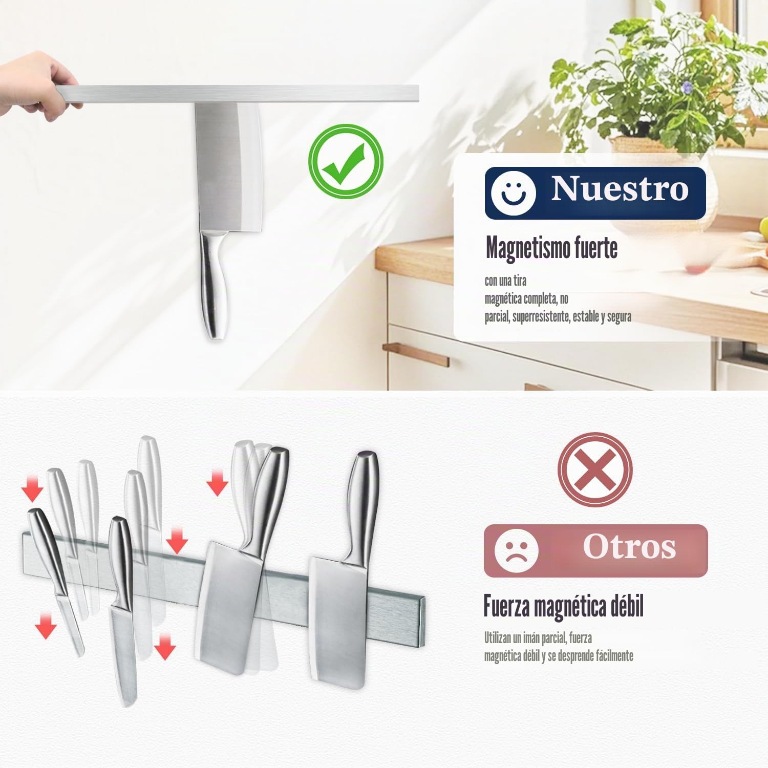Dmore Barra magnética para cuchillos con 15 ganchos, 59 cm, soporte magnético de acero inoxidable, soporte magnético para cuchillos con imán extrafuerte, incluye cinta adhesiva y tornillos