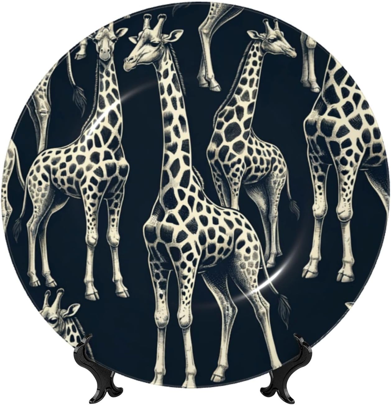 Grey-Realistic-Giraffes 10 Inch Decorative Plate With Stand, Elegant Display Wall Plate For Home Decor